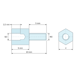 [decl 5mm / 5 mm] Entretoise hexagonale filetée mâle/femelle laiton nickelé M2 - 4 mm sur plats