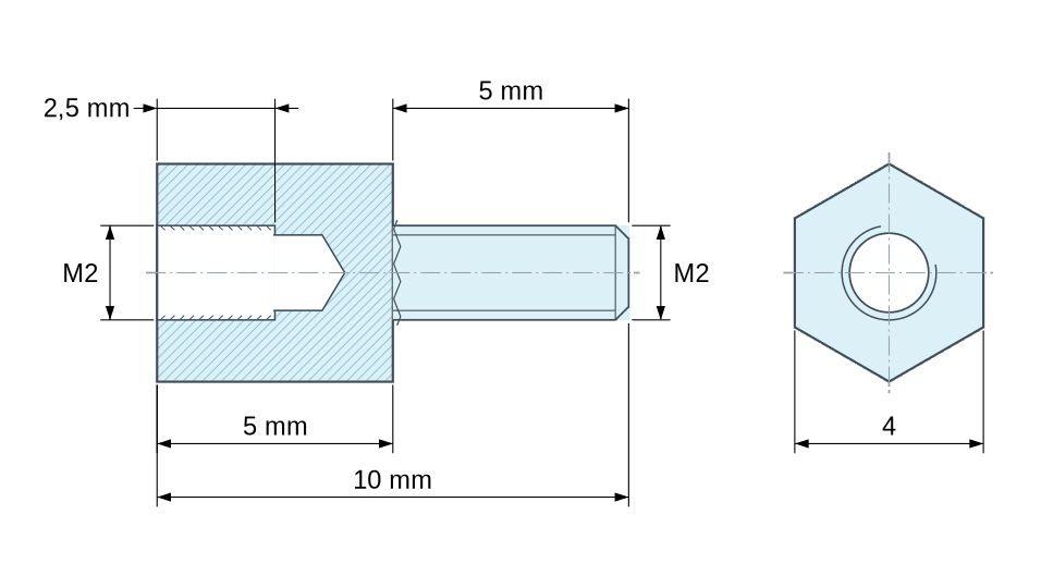 Dimensioned drawing, Hexagonal male/female threaded spacer nickel-plated brass M2 - 4 mm across flats Dimensioned drawing, Hexagonal male/female threaded spacer nickel-plated brass M2 - 4 mm across flats