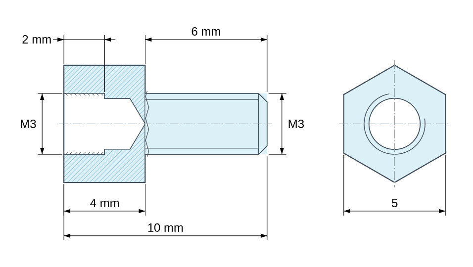 Dimensioned drawing, Hexagonal male/female threaded spacer nickel-plated brass M3 - 5 mm across flats