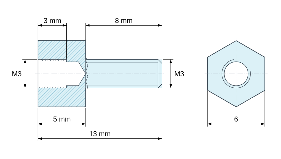 Dimensioned drawing, Hexagonal male/female threaded spacer nickel-plated brass M3 - 6 mm across flats