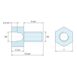 [decl 5mm / 8 mm] Entretoise hexagonale filetée mâle/femelle laiton nickelé M4 - 7 mm sur plats