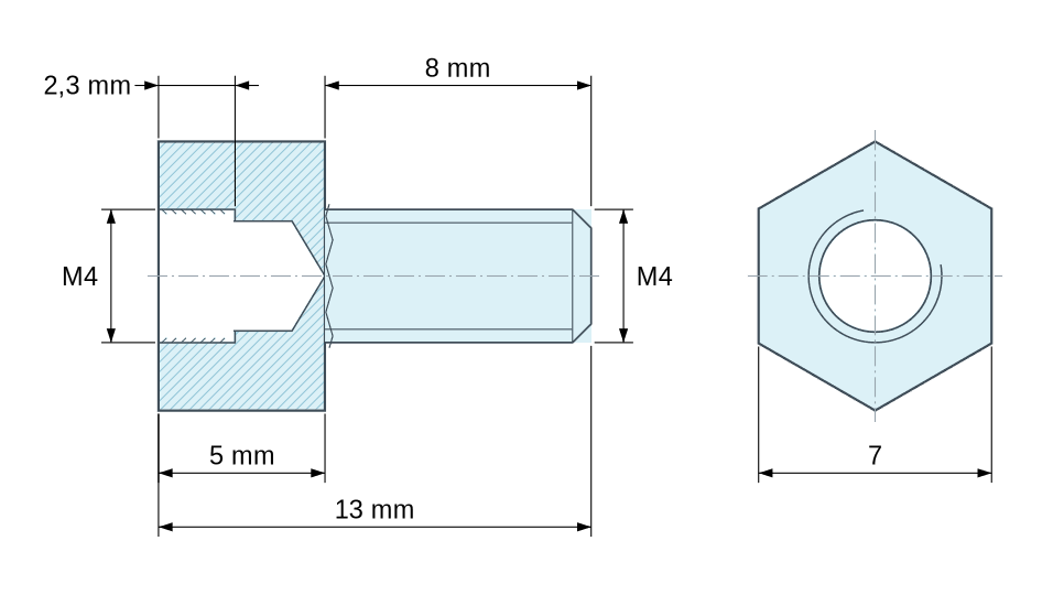 Dimensioned drawing, Hexagonal male/female threaded spacer nickel-plated brass M4 - 7 mm across flats