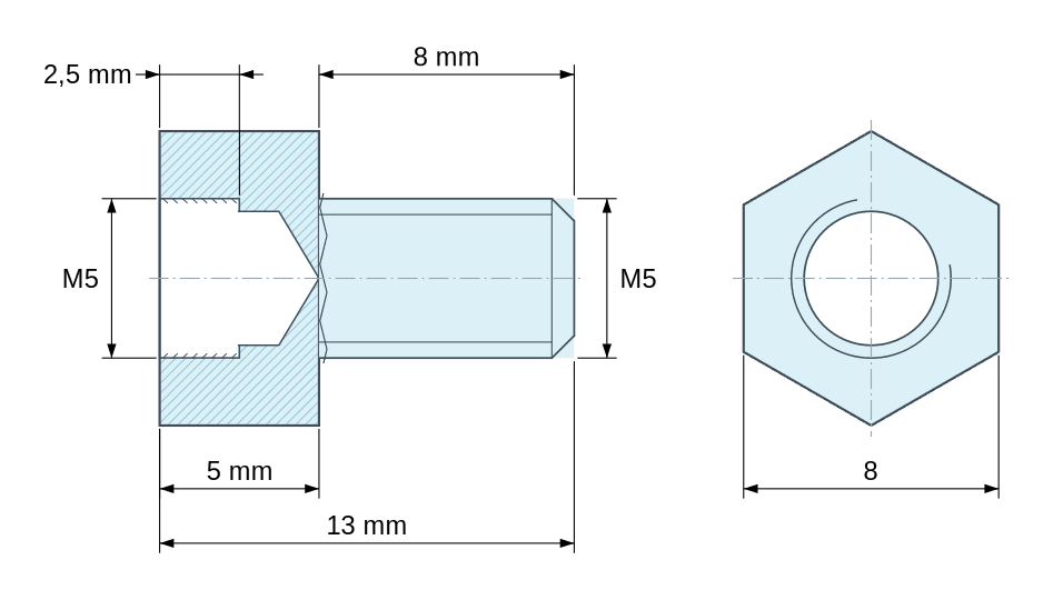 Dimensioned drawing, Hexagonal male/female threaded spacer nickel-plated brass M5 - 8 mm across flats