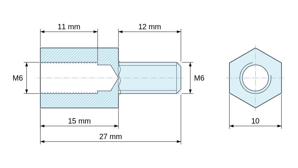 Dimensioned drawing, Hexagonal male/female threaded spacer nickel-plated brass M6 - 10 mm across flats