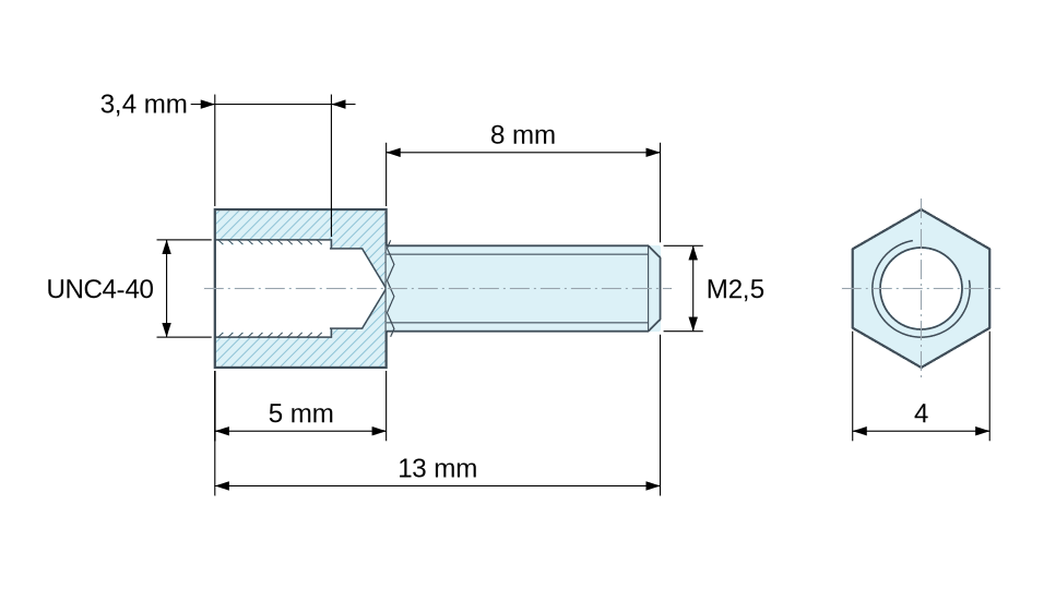 Dimensioned drawing, Hexagonal male/female threaded spacer nickel-plated brass UNC4-40 - 4 mm across flats
