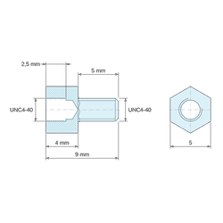 [decl 4mm / 5 mm] Entretoise hexagonale filetée mâle/femelle laiton nickelé UNC4-40 - 5 mm sur plats