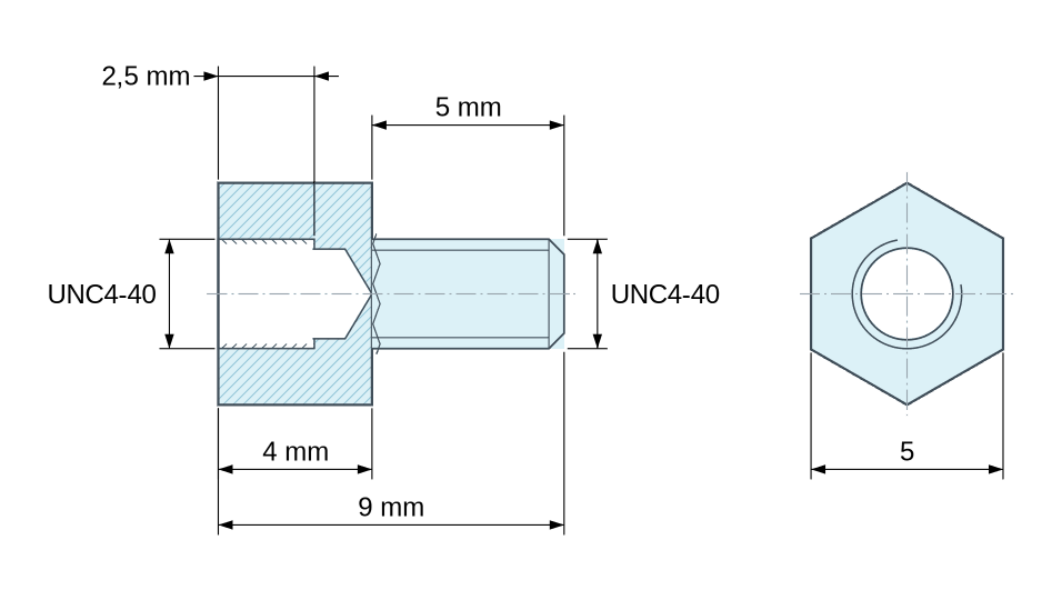 Dimensioned drawing, Hexagonal male/female threaded spacer nickel-plated brass UNC4-40 - 5 mm across flats