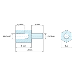 [decl 8mm / 6 mm] Entretoise hexagonale filetée mâle/femelle laiton nickelé UNC4-40 - 5,5 mm sur plats