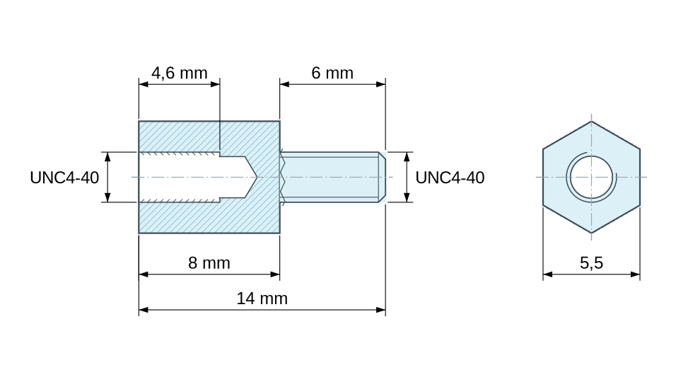 Dimensioned drawing, Hexagonal male/female threaded spacer nickel-plated brass UNC4-40 - 5.5 mm across flats