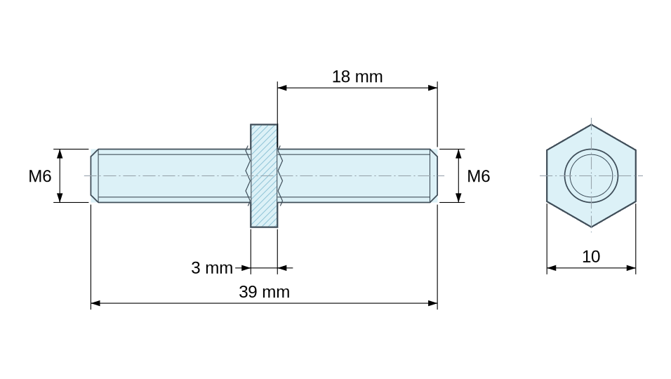 Dimensioned drawing, Hexagonal male/male threaded spacer nickel-plated brass M6 - 10 mm across flats Dimensioned drawing, Hexagonal male/male threaded spacer nickel-plated brass M6 - 10 mm across flats