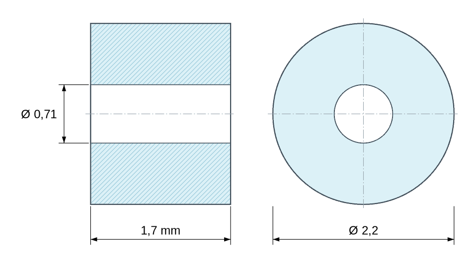 Dimensioned drawing, white plastic polyamide PA6 spacer Ø0.71x2.2 mm Dimensioned drawing, white plastic polyamide PA6 spacer Ø0.71x2.2 mm