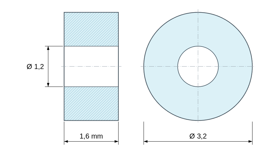 Dimensioned drawing, white plastic polyamide PA6 spacer Ø1.2x3.2 mm Dimensioned drawing, white plastic polyamide PA6 spacer Ø1.2x3.2 mm