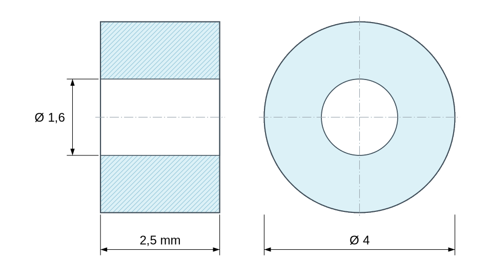 Dimensioned drawing, white plastic polyamide PA6 spacer Ø1.6x4 mm Dimensioned drawing, white plastic polyamide PA6 spacer Ø1.6x4 mm