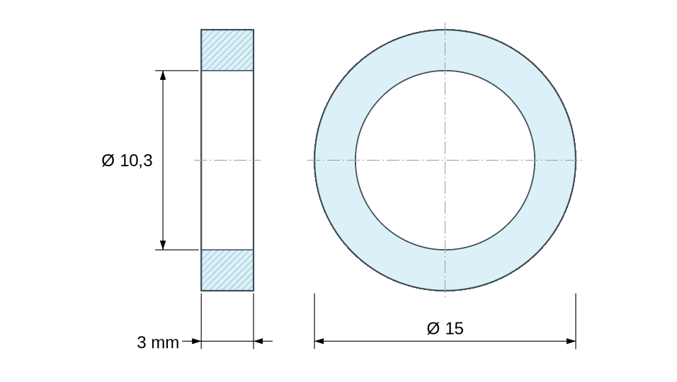 Dimensioned drawing, natural plastic polyamide PA6.6 spacer Ø10.3x15 mm Dimensioned drawing, natural plastic polyamide PA6.6 spacer Ø10.3x15 mm