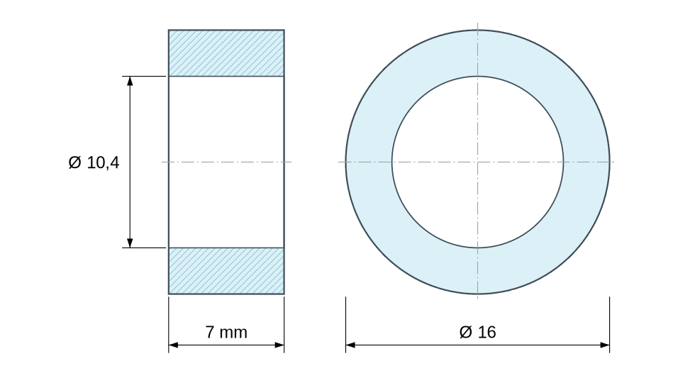Dimensioned drawing, brown plastic glass-filled polyamide spacer Ø10.4x16 mm Dimensioned drawing, brown plastic glass-filled polyamide spacer Ø10.4x16 mm
