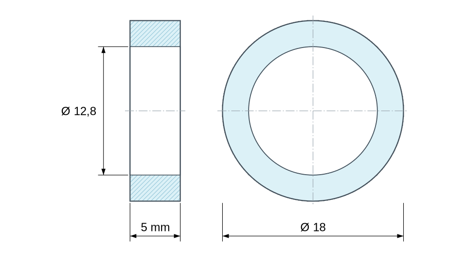 Dimensioned drawing, natural plastic polyamide PA6.6 spacer Ø12.8x18 mm Dimensioned drawing, natural plastic polyamide PA6.6 spacer Ø12.8x18 mm
