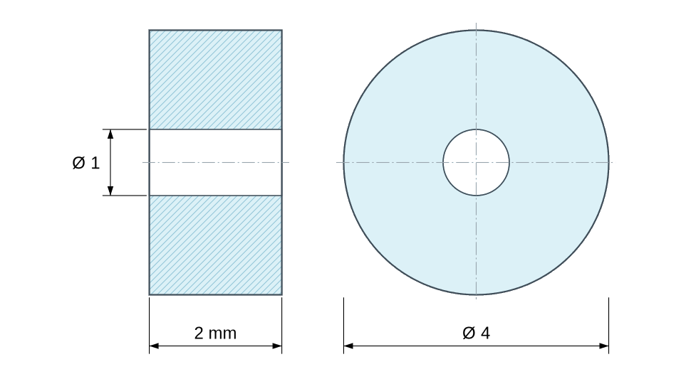 Dimensioned drawing, plastic glass-filled polyamide spacer Ø1x4 mm Dimensioned drawing, plastic glass-filled polyamide spacer Ø1x4 mm