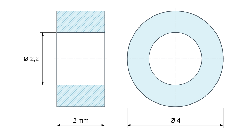 Dimensioned drawing, natural plastic polystyrene spacer Ø2.2x4 mm Dimensioned drawing, natural plastic polystyrene spacer Ø2.2x4 mm
