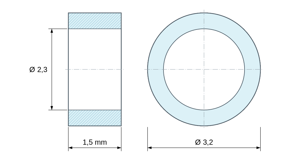 Dimensioned drawing, white plastic polyamide PA6 spacer Ø2.3x3.2 mm Dimensioned drawing, white plastic polyamide PA6 spacer Ø2.3x3.2 mm