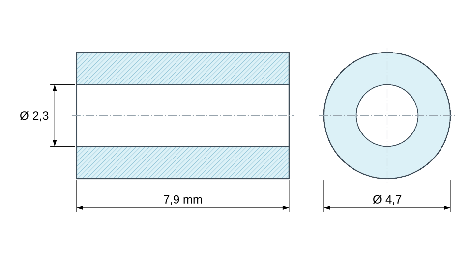 Dimensioned drawing, white plastic polyamide PA6 spacer Ø2.3x4.7 mm Dimensioned drawing, white plastic polyamide PA6 spacer Ø2.3x4.7 mm