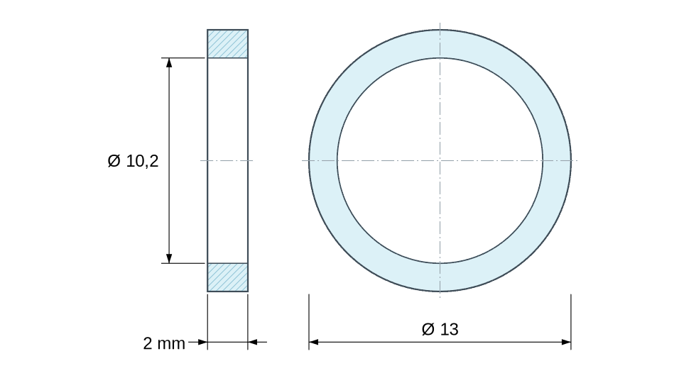 Dimensioned drawing: Round nickel-plated brass spacer Ø10.2x13mm for M10 screw