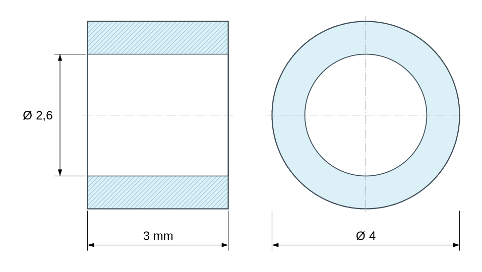 Dimensioned drawing, natural plastic acetal POM spacer Ø2.6x4 mm Dimensioned drawing, natural plastic acetal POM spacer Ø2.6x4 mm