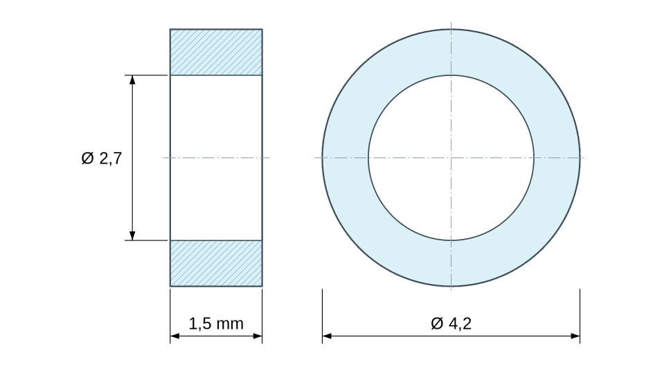 Dimensioned drawing, white plastic polyamide PA6 spacer Ø2.7x4.2 mm Dimensioned drawing, white plastic polyamide PA6 spacer Ø2.7x4.2 mm