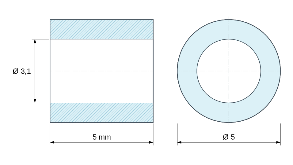 Dimensioned drawing, natural plastic acetal POM spacer Ø3.1x5 mm Dimensioned drawing, natural plastic acetal POM spacer Ø3.1x5 mm