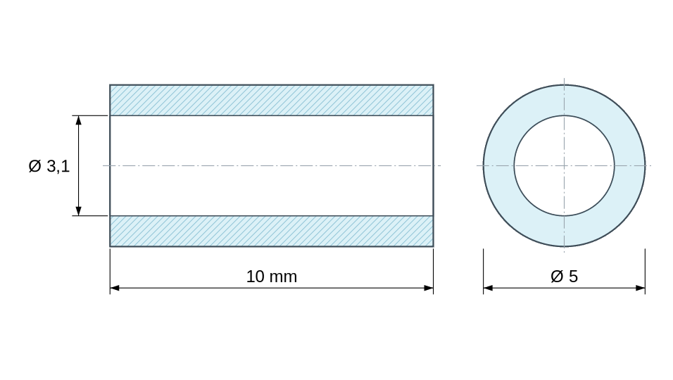 Dimensioned drawing, plastic acetal POM spacer Ø3.1x5 mm Dimensioned drawing, plastic acetal POM spacer Ø3.1x5 mm