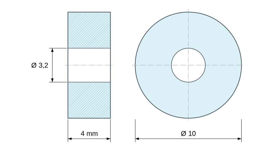 Dimensioned drawing, plastic glass-filled polyamide spacer Ø3.2x10 mm Dimensioned drawing, plastic glass-filled polyamide spacer Ø3.2x10 mm