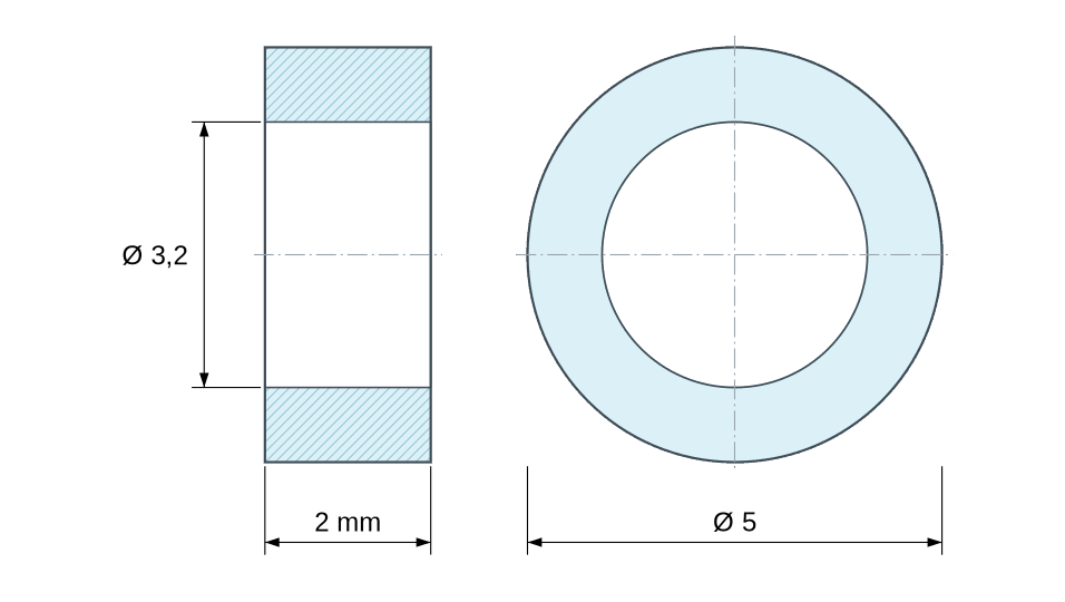 Dimensioned drawing, plastic glass-filled polyamide spacer Ø3.2x5 mm Dimensioned drawing, plastic glass-filled polyamide spacer Ø3.2x5 mm