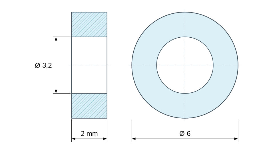 Dimensioned drawing, natural plastic polystyrene spacer Ø3.2x6 mm Dimensioned drawing, natural plastic polystyrene spacer Ø3.2x6 mm