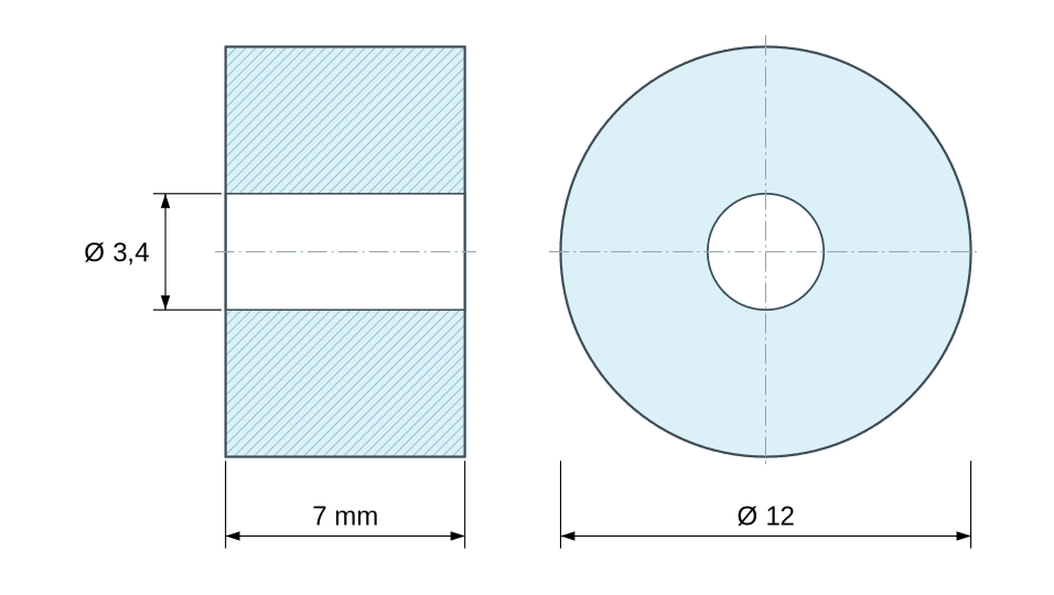 Dimensioned drawing, natural plastic acetal POM spacer Ø3.4x12 mm Dimensioned drawing, natural plastic acetal POM spacer Ø3.4x12 mm
