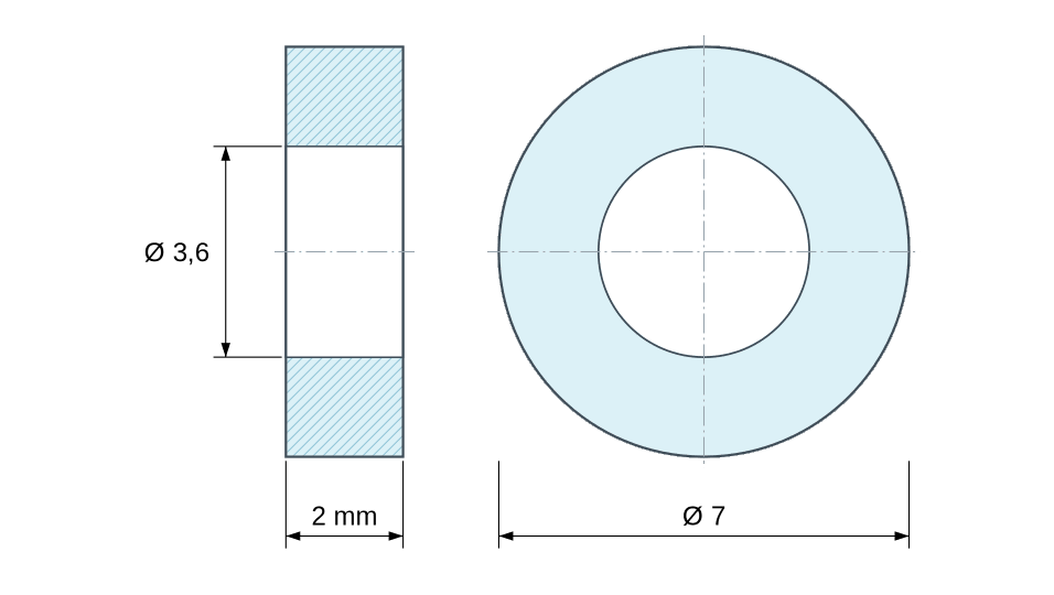 Dimensioned drawing, grey plastic polycarbonate spacer Ø3.6x7 mm Dimensioned drawing, grey plastic polycarbonate spacer Ø3.6x7 mm