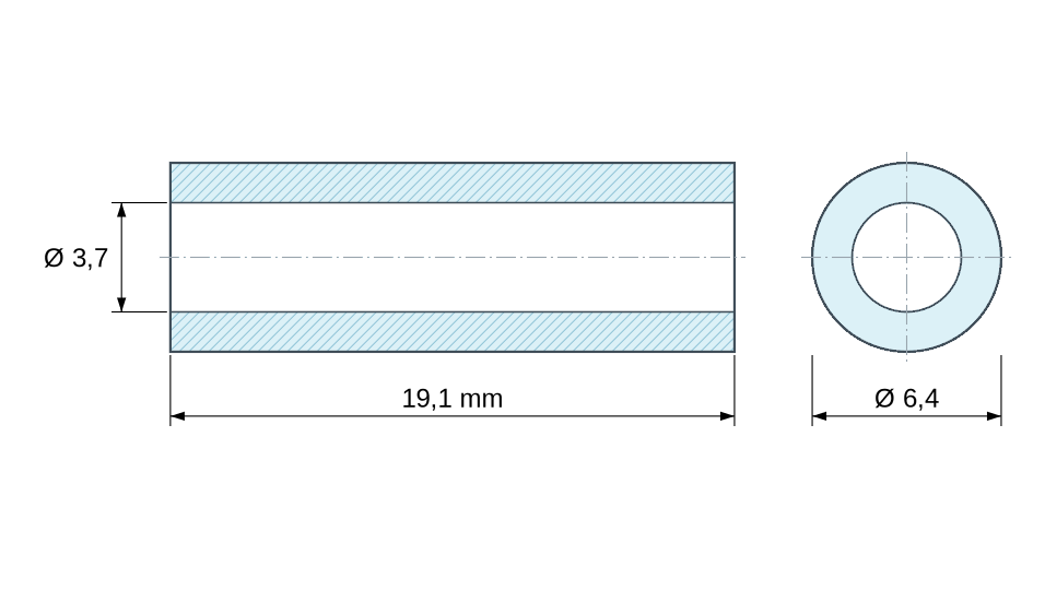 Dimensioned drawing, grey plastic PVC spacer Ø3.7x6.4 mm Dimensioned drawing, grey plastic PVC spacer Ø3.7x6.4 mm