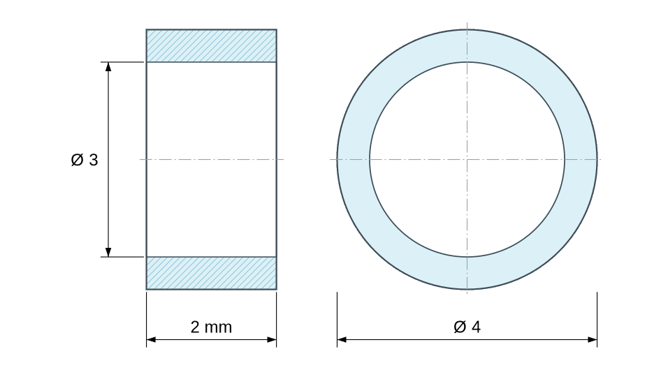 Dimensioned drawing, plastic glass-filled polyamide spacer Ø3x4 mm Dimensioned drawing, plastic glass-filled polyamide spacer Ø3x4 mm