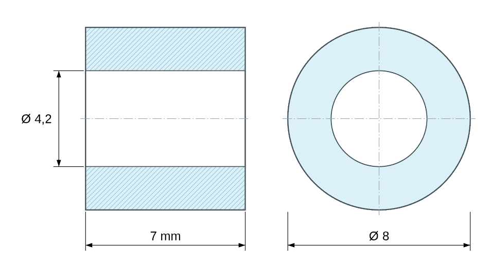 Dimensioned drawing, natural plastic polyamide PA6.6 spacer Ø4.2x8 mm Dimensioned drawing, natural plastic polyamide PA6.6 spacer Ø4.2x8 mm