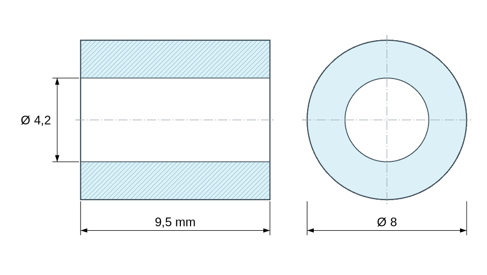 Dimensioned drawing, natural plastic Noryl spacer Ø4.2x8 mm Dimensioned drawing, natural plastic Noryl spacer Ø4.2x8 mm