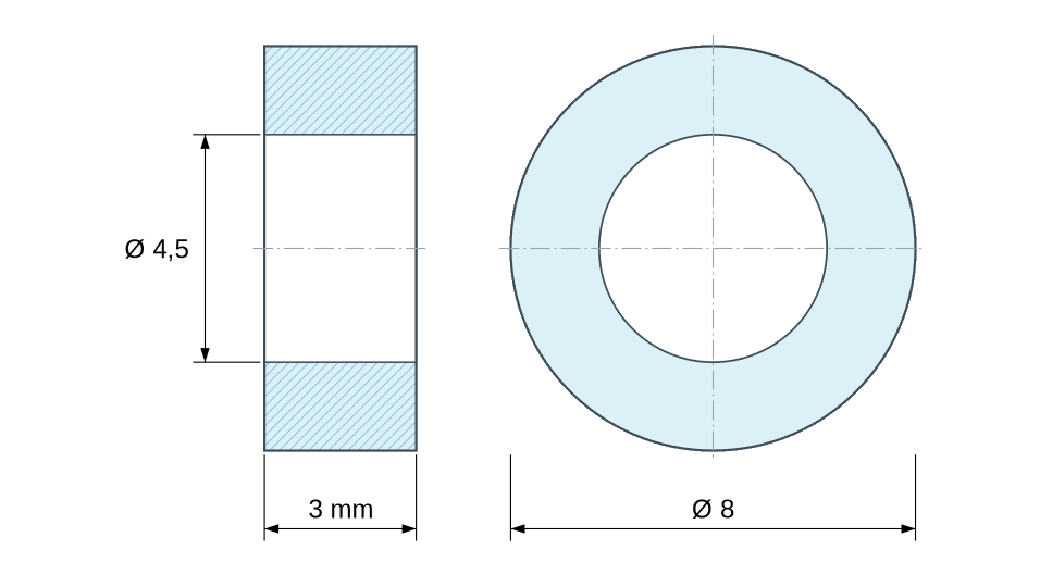 Dimensioned drawing, grey plastic polycarbonate spacer Ø4.5x8 mm Dimensioned drawing, grey plastic polycarbonate spacer Ø4.5x8 mm