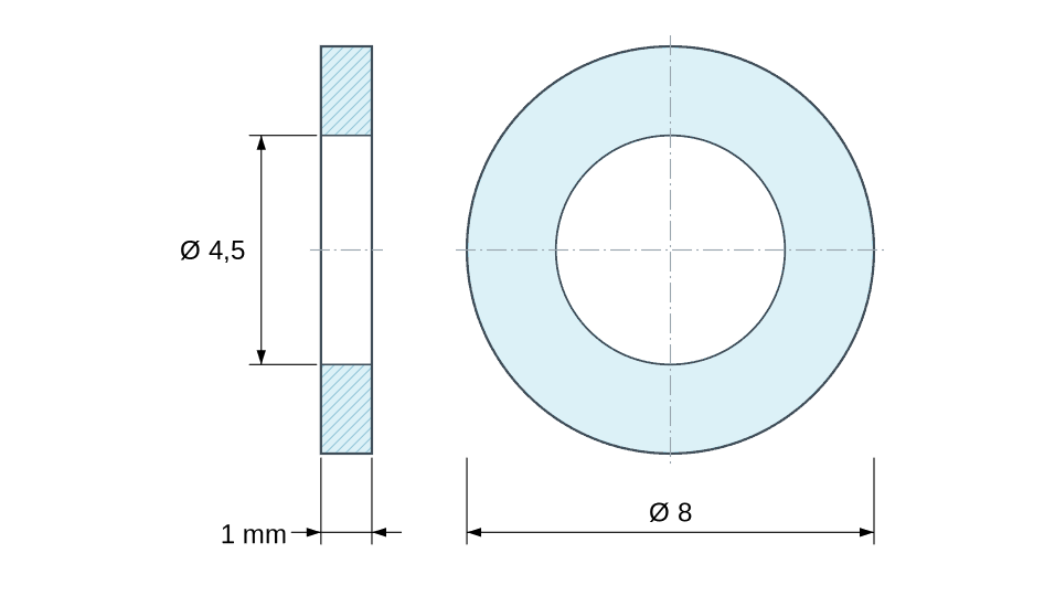 Dimensioned drawing, plastic polyamide spacer Ø4.5x8 mm Dimensioned drawing, plastic polyamide spacer Ø4.5x8 mm