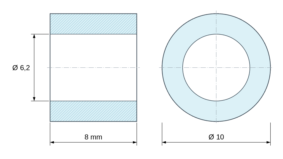 Dimensioned drawing, natural plastic polystyrene spacer Ø6.2x10 mm Dimensioned drawing, natural plastic polystyrene spacer Ø6.2x10 mm
