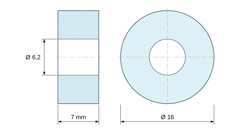 Dimensioned drawing, plastic glass-filled polyamide spacer Ø6.2x16 mm Dimensioned drawing, plastic glass-filled polyamide spacer Ø6.2x16 mm