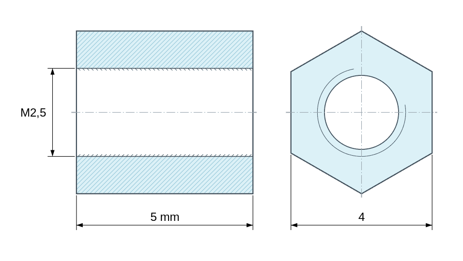 Dimensioned drawing: Threaded hexagonal spacer female/female zinc-plated steel M2.5