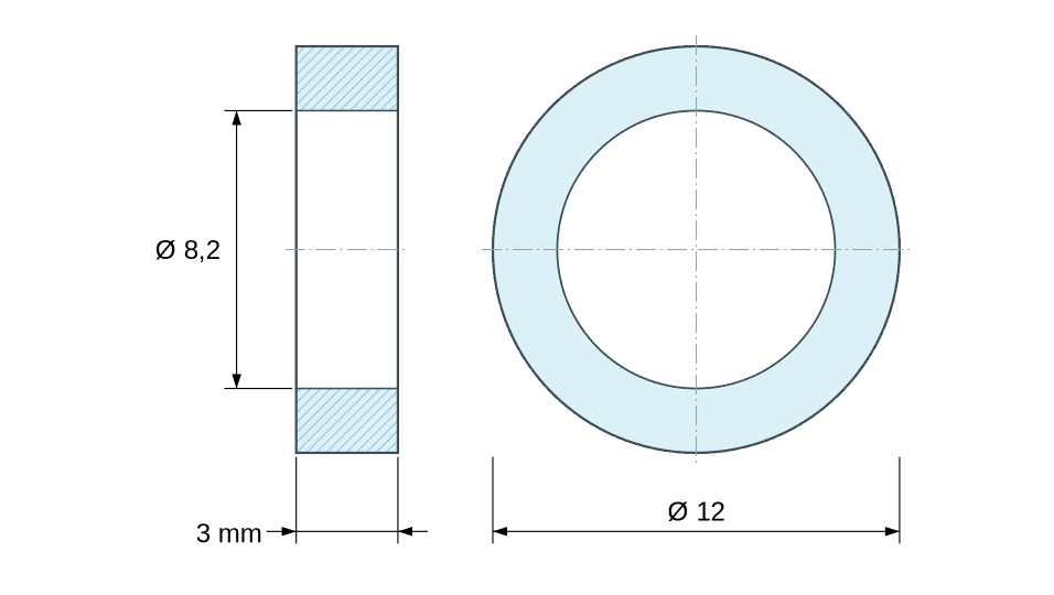 Dimensioned drawing, natural plastic polyamide PA6.6 spacer Ø8.2x12 mm Dimensioned drawing, natural plastic polyamide PA6.6 spacer Ø8.2x12 mm