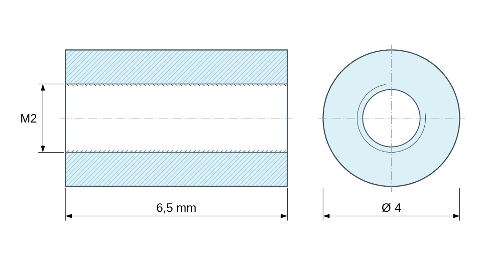 Dimensioned drawing, Round female/female threaded spacer plastic glass-filled polyamide M2 - Ø4 mm Dimensioned drawing, Round female/female threaded spacer plastic glass-filled polyamide M2 - Ø4 mm