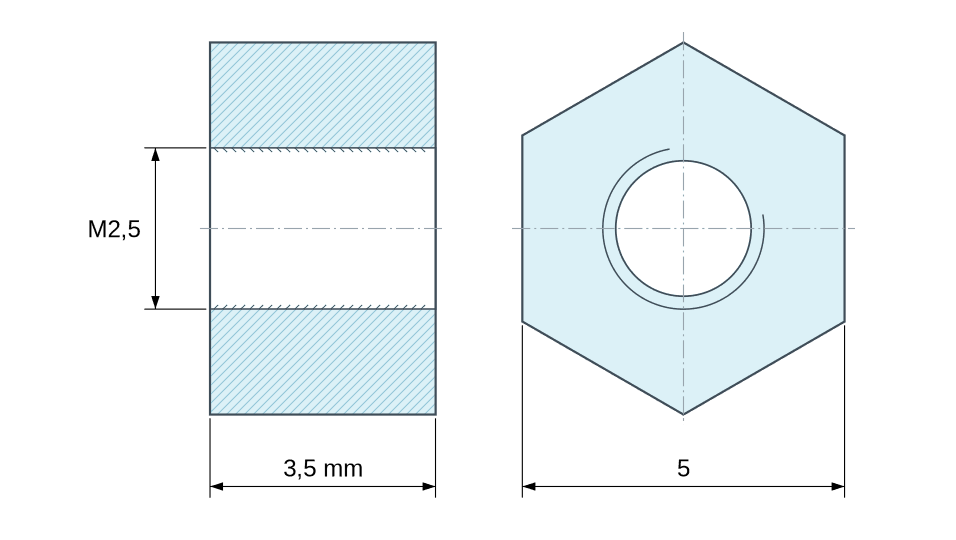 Dimensioned drawing, Hexagonal female/female threaded spacer plastic glass-filled polyamide M2.5 - 5 mm across flats Dimensioned drawing, Hexagonal female/female threaded spacer plastic glass-filled polyamide M2.5 - 5 mm across flats