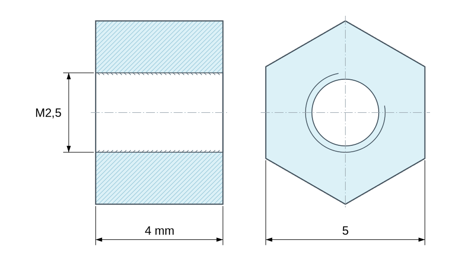Dimensioned drawing, Hexagonal female/female threaded spacer brown plastic glass-filled polyamide M2.5 - 5 mm across flats