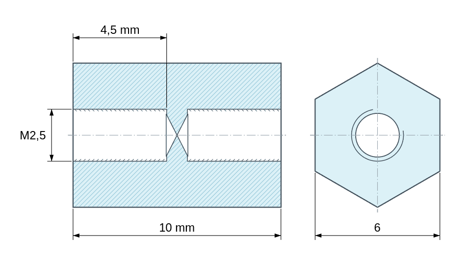 Dimensioned drawing, Hexagonal female/female threaded spacer plastic glass-filled polyamide M2.5 - 6 mm across flats Dimensioned drawing, Hexagonal female/female threaded spacer plastic glass-filled polyamide M2.5 - 6 mm across flats
