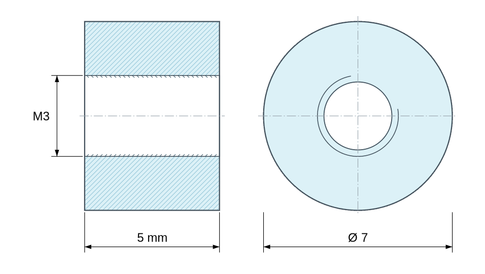 Dimensioned drawing, Round female/female threaded spacer plastic glass-filled polyamide M3 - Ø7 mm Dimensioned drawing, Round female/female threaded spacer plastic glass-filled polyamide M3 - Ø7 mm