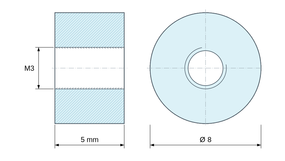 Dimensioned drawing, Round female/female threaded spacer plastic glass-filled polyamide M3 - Ø8 mm Dimensioned drawing, Round female/female threaded spacer plastic glass-filled polyamide M3 - Ø8 mm